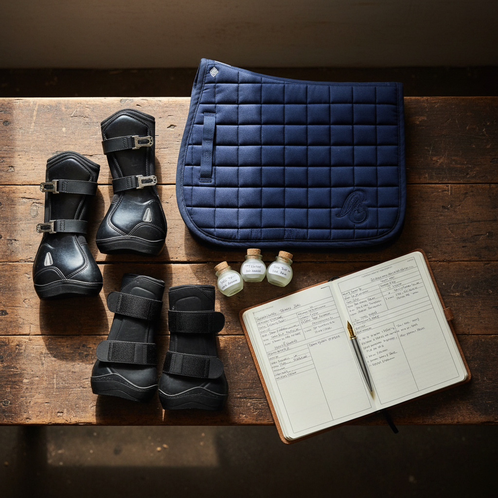 An elegantly arranged flat lay of premium equestrian products laid out on a weathered, dark wood tack room bench: a pair of pristine black tendon boots, a folded technical saddle pad with subtle quilting, sleek brushing boots, and small sample jars labeled for field testing. Beside them, a leather-bound notebook open to neatly written test notes and a fine pen aligned precisely. Soft, diffused window light from the left creates gentle highlights on buckles and stitching, with delicate shadows that emphasize textures. Photographed from directly above with sharp focus throughout, the mood is sophisticated and methodical, suggesting meticulous trials of equipment in an authentic stable setting, in clean, photographic realism.