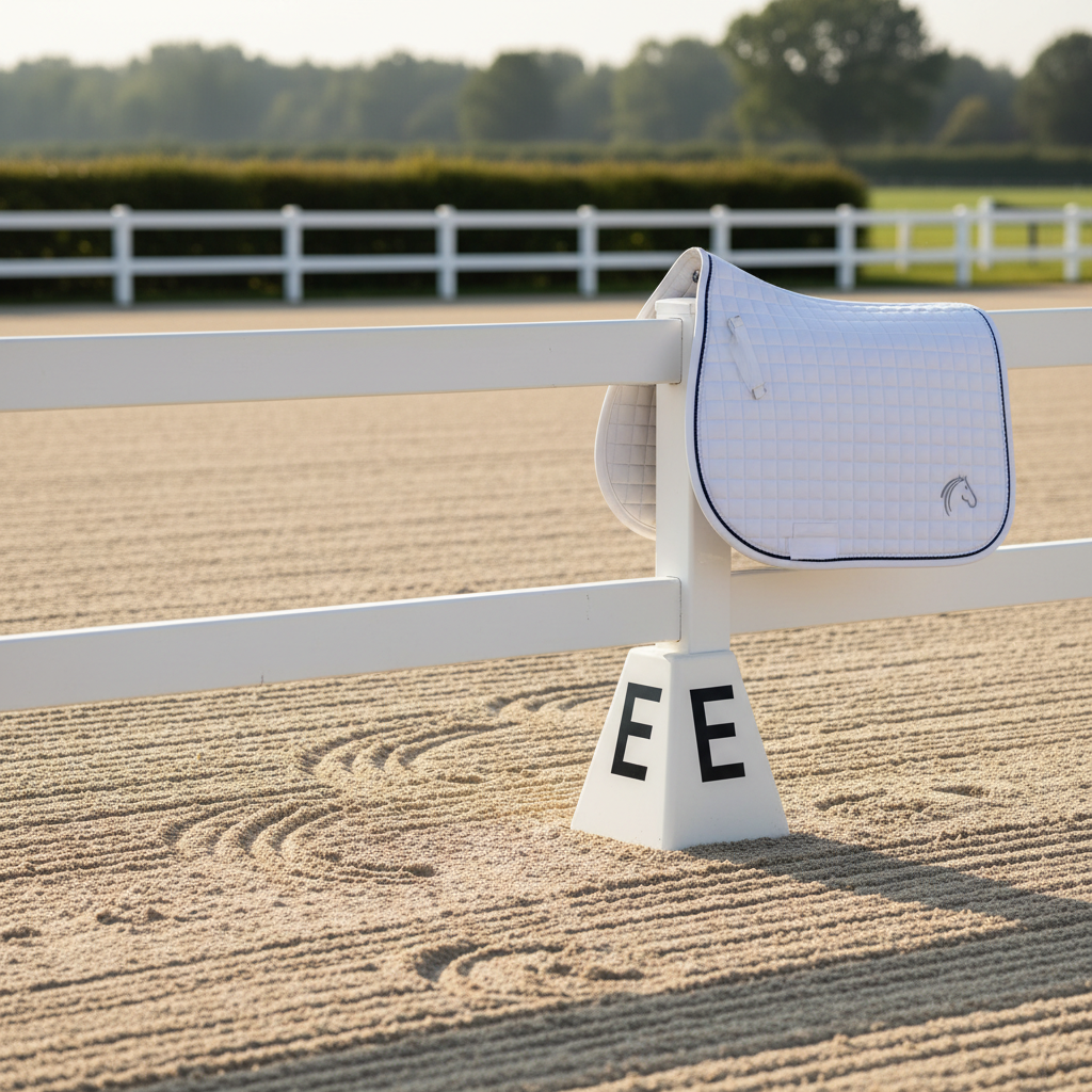 A refined, close-up photographic shot of a white dressage arena marker standing on impeccably raked footing, a sleek branded dressage saddle pad draped over the low, painted rail nearby, awaiting evaluation in controlled tests. The sand shows crisp rake lines and a few precise hoofprints leading past, conveying recent use without showing riders. Soft, late-morning sunlight falls diagonally across the scene, creating gentle, elongated shadows and highlighting the subtle weave of the pad and the smooth, matte finish of the marker. Shot at a low angle with the arena letters positioned in the lower third of the frame and the far side of the arena dissolving into a creamy bokeh, the mood is calm, technical, and sophisticated, ideal for a site focused on structured equestrian product testing.